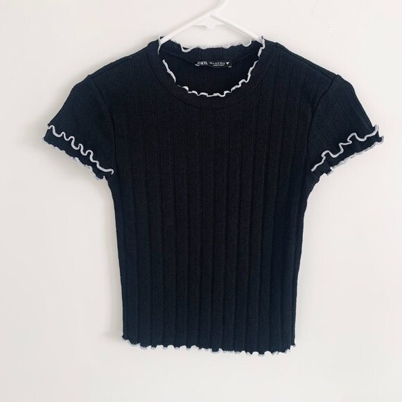 Zara Tops - New Zara Black Ribbed White Lettuce Trim Summer Short Sleeve Crop Top